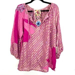 NWT La Fuori Woven Gold Silk Top Pink Embroidered Belt Embellished